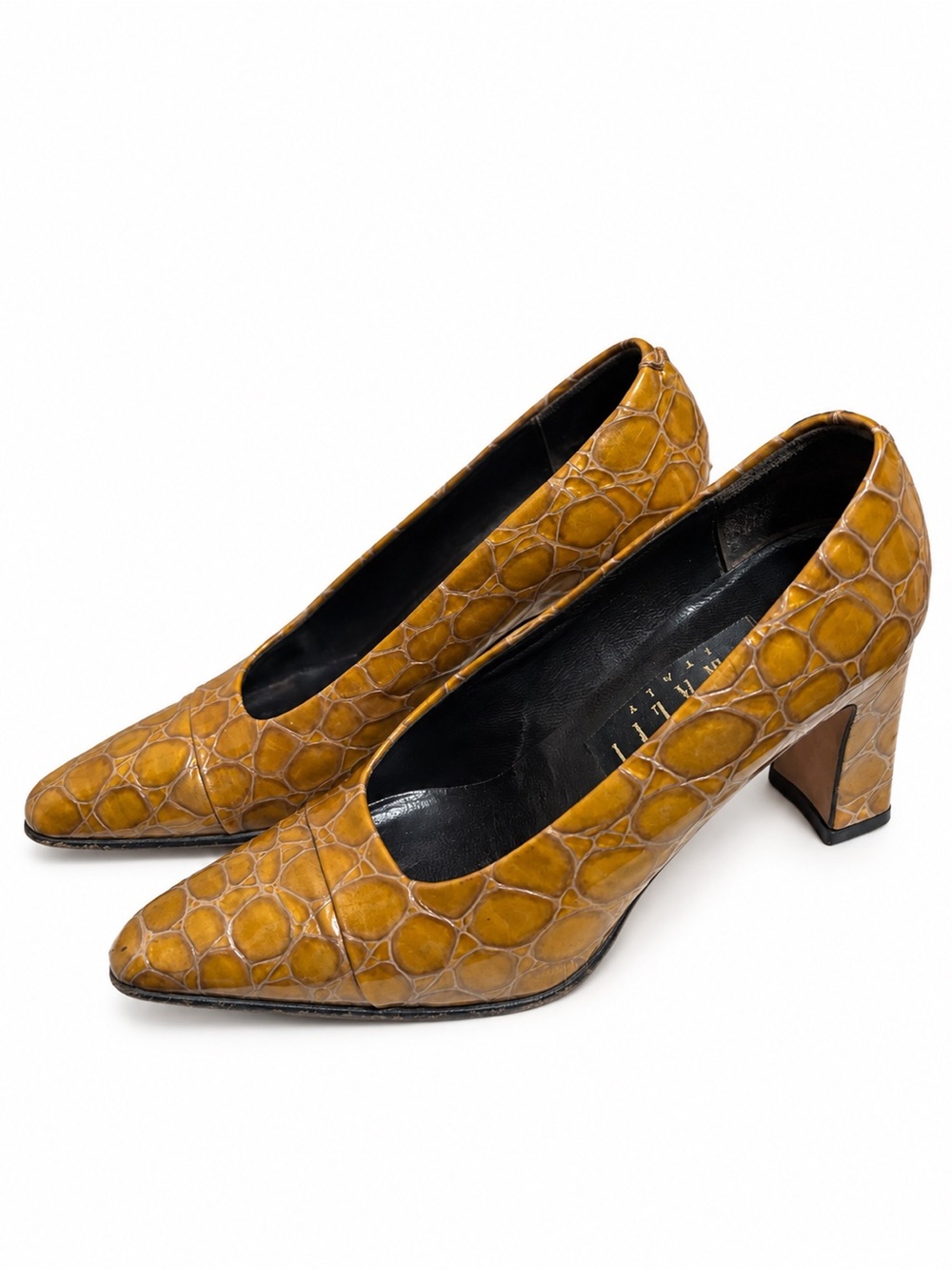 Amalfi Mustard Croc-Textured Pointed Block Heel Pumps